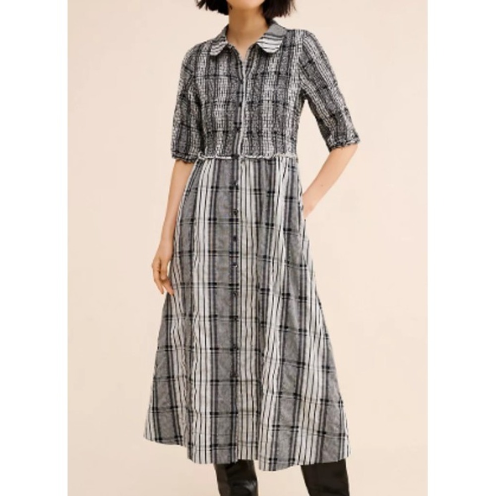 Anthropologie Maeve Smocked Mixed Plaid Button Down Midi Dress Size S Cozy Chic
